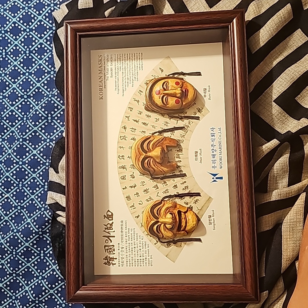 Korean Masks of Hahoe Byeolsin Excorcism-Yangban, Imae & Bune-Nicely Framed. Z11